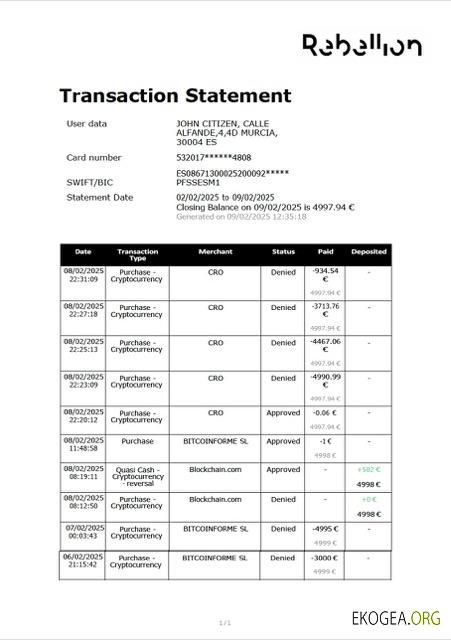 Modèle Word et PDF de relevé de transaction Rebellion Pay pour l'Espagne